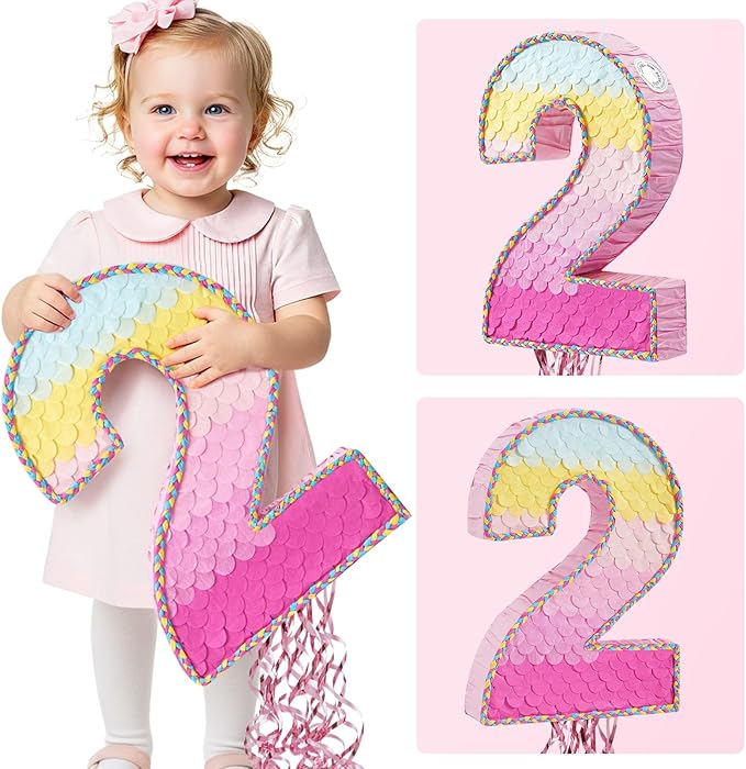WERNNSAI Pink Sweet Two Piñata - Number 2 Piñata Happy Birthday Decoration Pink Rainbow Design Party Games for Girl Princess Baby Shower Party Favor with Blindfold Anniversary Celebration Supplies