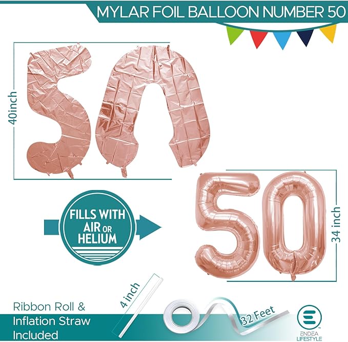 40 Inch Number Celebration and Decoration Balloon for Birthday Parties, Graduations, Anniversaries, Weddings, Photo Shoots, Special Events - Helium Foil Mylar (Rose Gold Number 50)