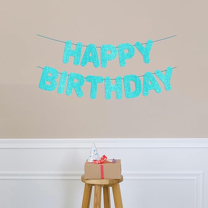 Pre-Strung Happy Birthday Banner - Teal Glitter Banner, Turquoise Birthday Party Decorations & Decor, Under The Sea Backdrop Sign