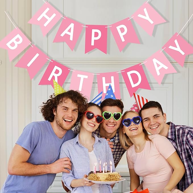 Happy Birthday Banner Sign, Birthday Garland Wall Door Hanging Banners Flag for Women Men Boys Girls Party Backdrop Decorations, Personalized Name Banner White Letters Pink and Light Pink