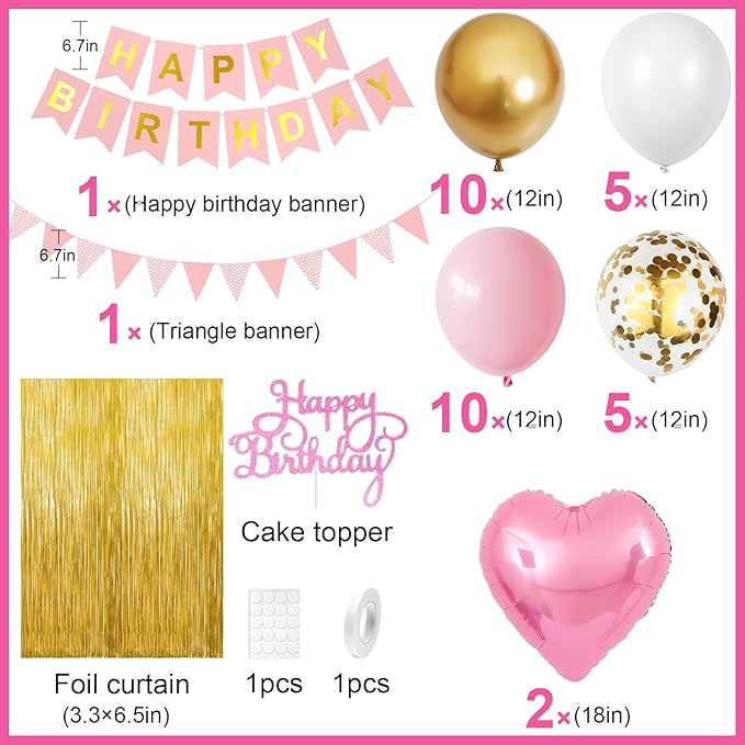 Pink Gold Birthday Decorations for Girls,Happy Birthday Decorations for Women,Gold Fringe Curtain Happy Birthday Banner Pink Heart Foil Balloons for Birthday Party Decoration
