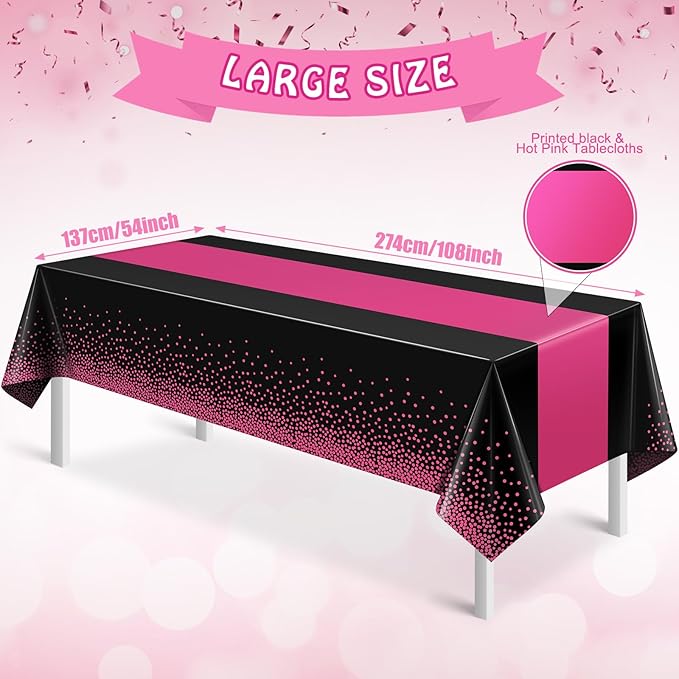 6Pcs Black Hot Pink Tablecloth Party Decorations,Plastic Black Table Cloth Printed Hot Pink Table Runner Disposable Rectangle Cover for Birthday Wedding Anniversary Graduation Party,54x108 Inch