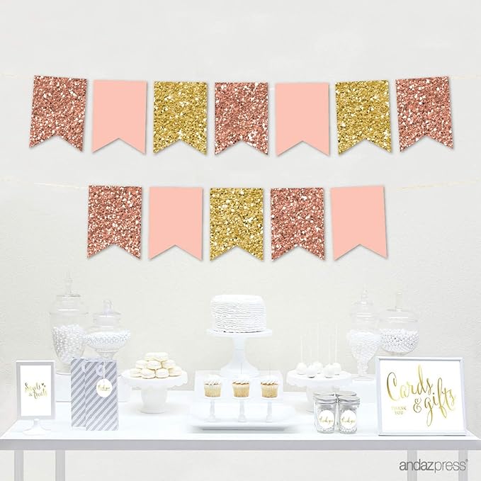 Andaz Press Hanging Pennant Banner with String, Faux Rose Gold Glitter, Pink, Faux Gold Glitter, 1-Set, 24 Pennants, Approx. 12-Feet Long, Girl's 1st Birthday Baptism Communion Theme Colored Supplies