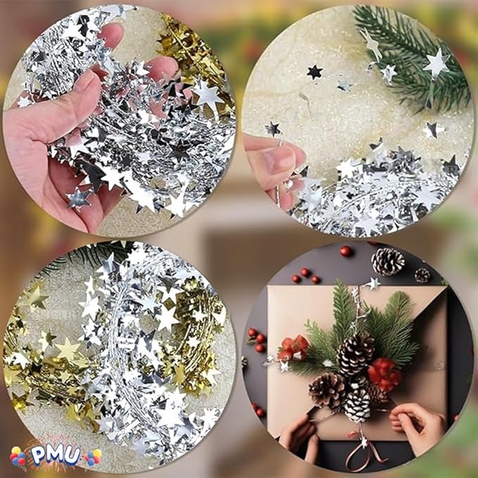 PMU 75 Ft Star Wire Shiny Garland Silver - Halloween, Christmas Party, Wedding, Birthday, Festive Home Decoration Ornament Silver (3pc-25Ft Each)
