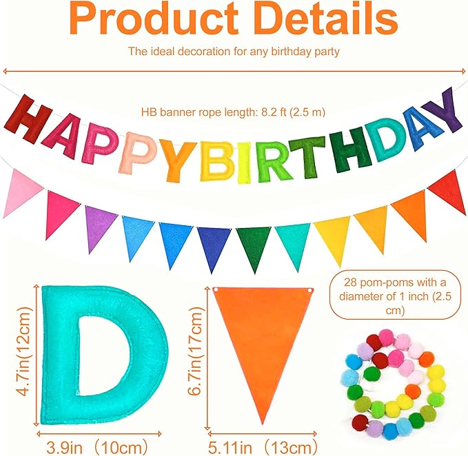 Pre-Strung 3PCS Happy Birthday Banner, 3D Rainbow Felt Happy Birthday Banner, Pom Pom Garland & Fabric Bunting, Rainbow birthday decorations, Happy Birthday Sign for Girls, Boys, Women & Men