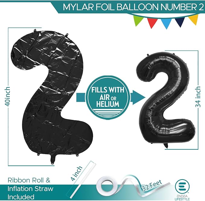 40 Inch Large Black Number Celebration and Decoration Balloon for Birthday Parties, Graduations, Anniversaries, Weddings, Photo Shoots, Special Events - Helium Foil Mylar (Black Number 2)