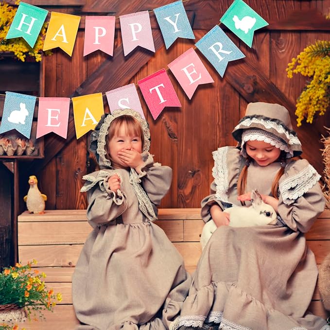 Happy Easter Banner Easter Chicken Egg Felt Happy Easter Bunny Banner Felt Easter Banner Garland for Easter Decorations, Spring Themed Party Favors Supplies, Happy Easter Day for Mantle Fireplace(2pc)
