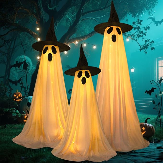 3 Pack Ghost Halloween Decorations Outdoor, Light Up Ghost Decorations with 8 Modes & Timer, Battery Operated Halloween Lights Ghost Decor Indoor Outdoor Room Front Yard, Porch, Haunted House Party