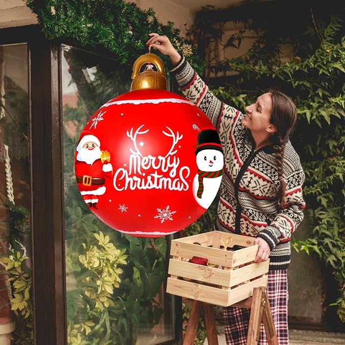 2PCS Christmas Inflatable Decorated Ball 24in Yard Inflatable Christmas Balls Giant Xmas Tree Ornaments PVC Blow up Yard Decorations for Outside Holiday Yard Lawn Porch Decor