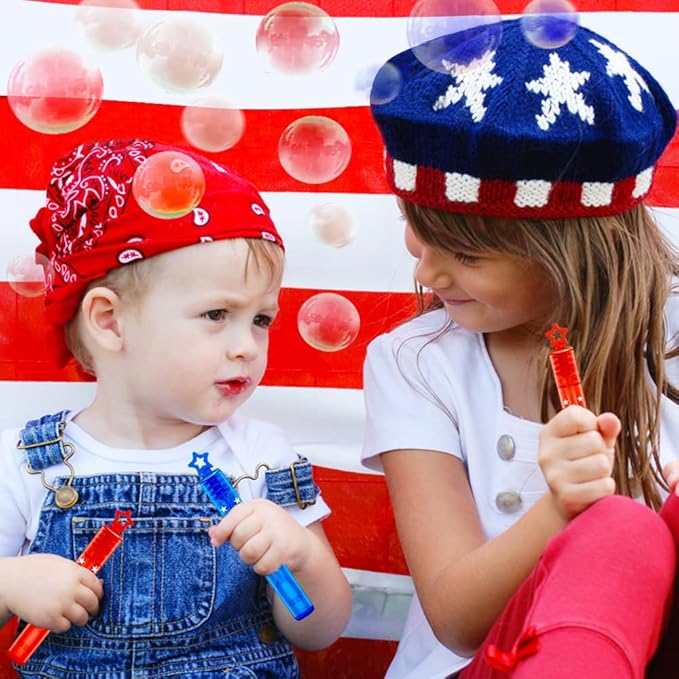 32Pcs 4th of July Mini Bubble Wands Patriotic Red White Blue Bubbles for Kids, Independence Day Party Favors Patriotic Decorations