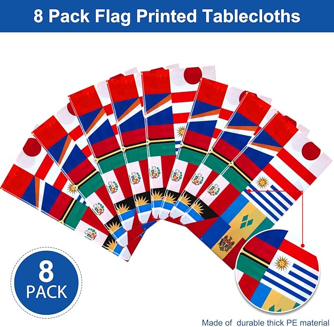 8 Pack International Flag Table Cover Patriotic Table Cloth World Country Flags Plastic Tablecloth for Festival Events Celebration Party Decorations Soccer Sports Beer Party, 108 x 54 Inch