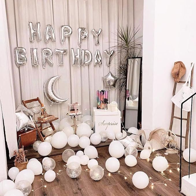 23 Pcs Happy Birthday Balloons Banner, 16 Inch Silver Balloons Mylar Foil Letter with 5pcs Star Balloons Kits for Kids Boys Men Women and Girls Birthday Party Decoration Supplies