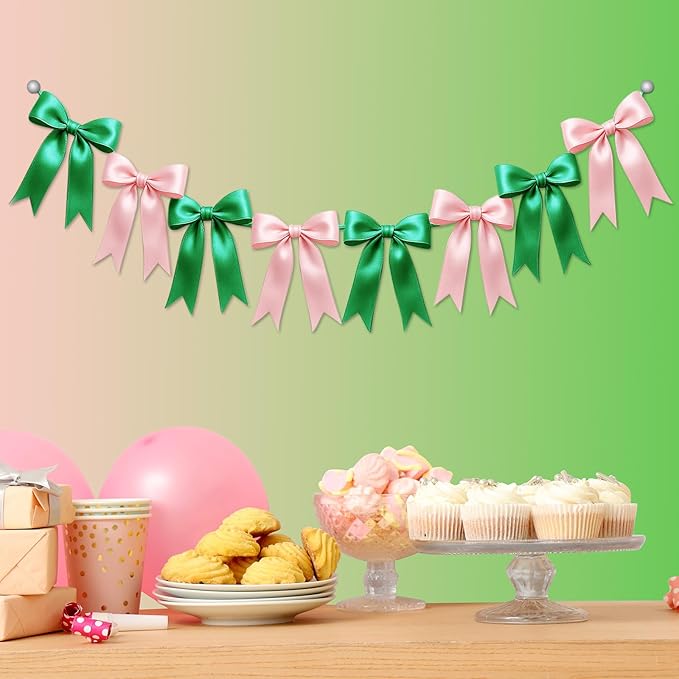2 Strings of 16PCS Pink&Green Bow Garlands Banner Wicked Party Decoration,Pre-Strung Satin Ribbon Ornaments for Birthday,Bachelorette Party,Wedding,Engagement,Baby Shower,Graduation Decor,Anniversary