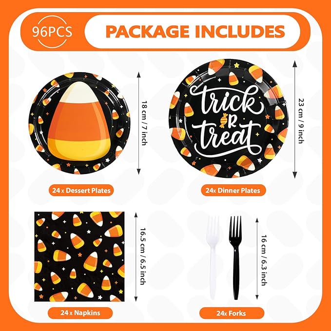 Grencian 96PCS Candy Theme Corns Halloween Party Supplies Set Orange Trick Treat Halloween Plates and Napkins Candy Theme Corns Disposable Tableware Set for Birthday Decorations