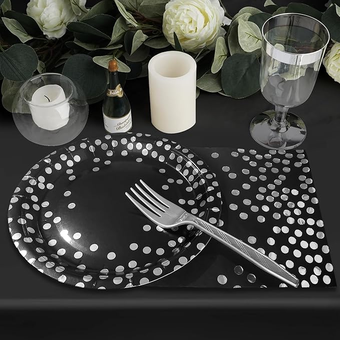 Serves 25 Guests Black and Silver Paper Plates Napkins Party Supplies,9-inch Silver Dot Black Paper Plates Napkins Cups Tablecloths for Father’s Day Prom Retirement Wedding Birthday Party