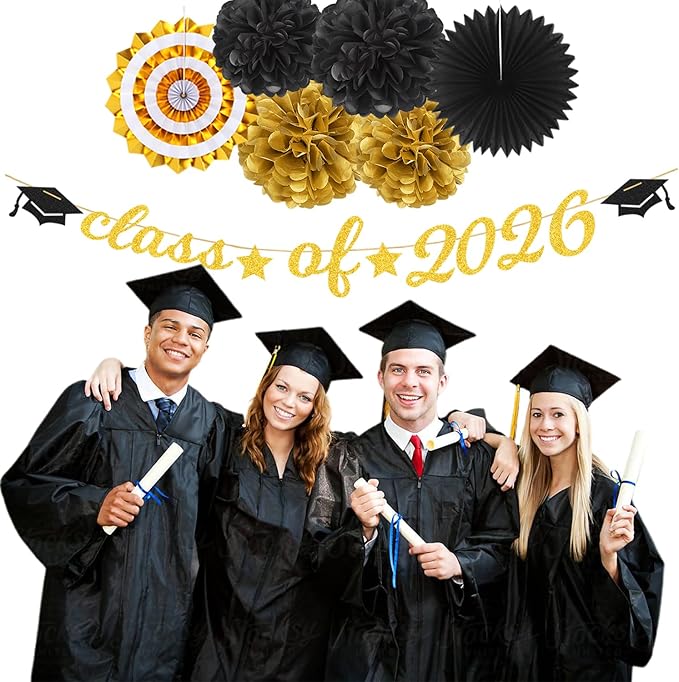 Black Gold Party-Decoration Graduation Banner - 14pcs Kits Cap Garland Streamers, Paper Tissue Pom Poms Flowers Fans Honeycomb,Class Of 2026 College High School Grad Decor Hugfond