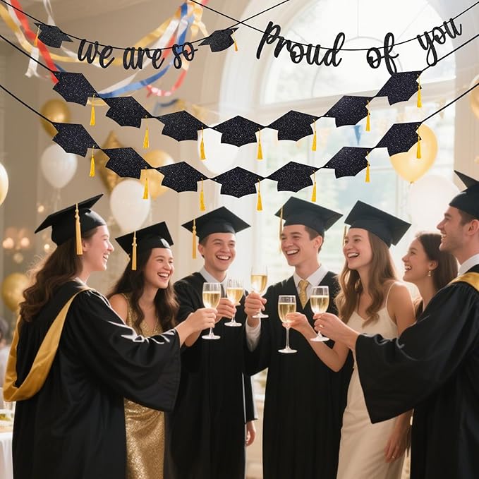 Graduation Decorations 2026, Pre-Strung We Are So Proud of You Banner, Double-Sided Glitter Graduation Banner with Gold Tassels, 2026 Grad Party Decor for College