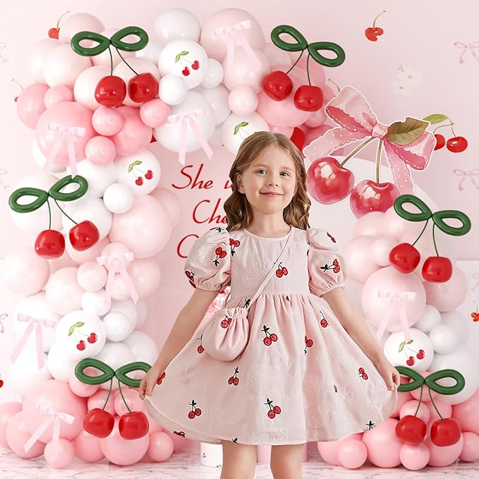 JOGAMS Cherry Balloon Arch Kit,192Pcs Cherry Party Decorations with Red Green 260 Balloons Pink Ribbon Bows for Cherry On Top Baby Shower Birthday Bridal Shower Wedding Galentine's Valentine's Day