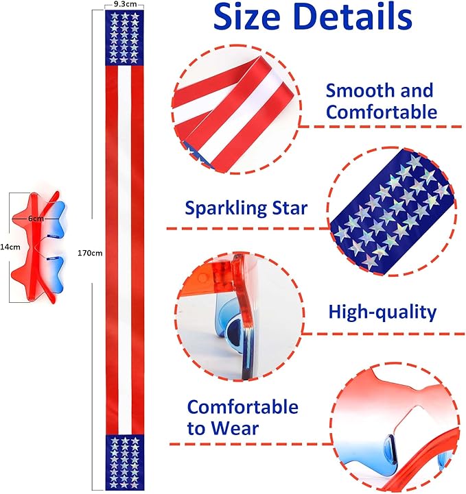 Red White and Blue Decorations American Flag Sash and Star Sunglasses Sets Costume 4th of July Decorations Party in The Usa Cowboy Sash Us Citizenship Gifts Party Favors