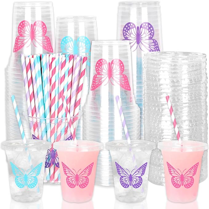 Whaline 60Pcs Butterfly Disposable Plastic Cups with Lids and Straws Pink Purple Blue Butterfly Cold Beverage Drinking Cups for Wedding Birthday Baby Shower
