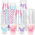 Whaline 60Pcs Butterfly Disposable Plastic Cups with Lids and Straws Pink Purple Blue Butterfly Cold Beverage Drinking Cups for Wedding Birthday Baby Shower