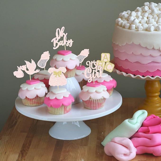 24Pcs Oh Baby Cupcake Toppers It's a Girl Cupcake Toppers with Bow Dress Bottle Swan Light Pink Glitter Babyshower Gender Reveal Cake Picks Decorations for Baby Shower Girl Birthday Party Supplies