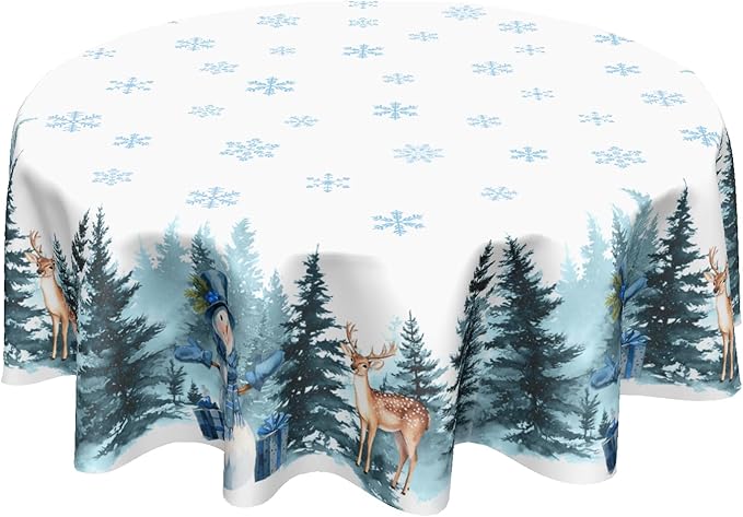 Christmas Reindeer Round Tablecloth Xmas Snowflake Pattern 70 Inch White Blue Table Cloth Winter Holiday Table Cover Washable Polyester Decor for Home Kitchen Dinning Party