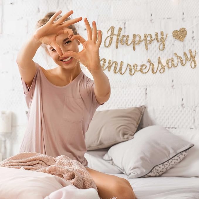Pre-Strung Happy Anniversary Banner - No DIY - Gold Glitter Wedding Anniversary Party Banner in Script - Pre-Strung Garland on 6 ft Strands - Wedding Decorations & Decor. Did We Mention No DIY