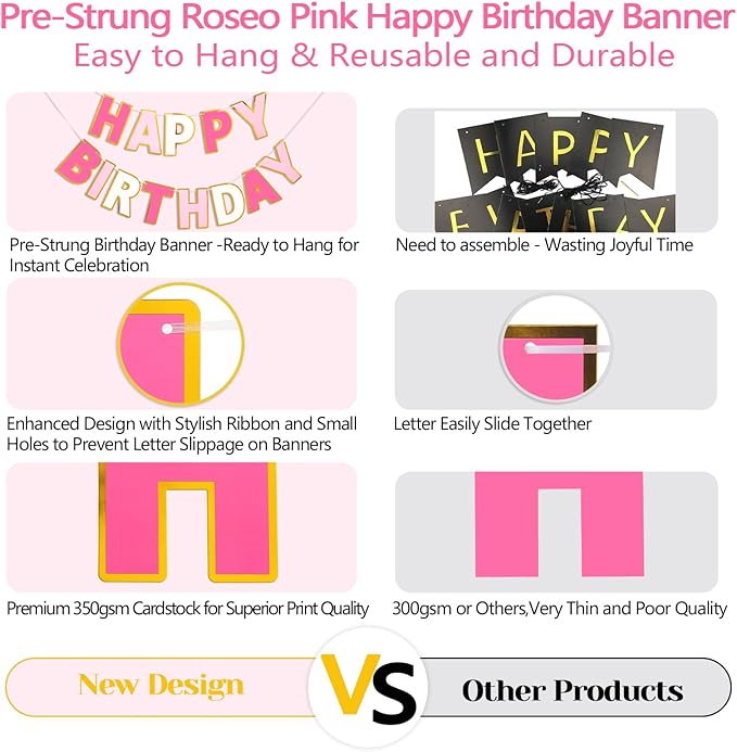 Happy Birthday Banner - 9ft Pre-Strung Happy Birthday Sign for Women, Men, Girls, Boys - No DIY Birthday Decorations & Party Supplies(Roseo Pink)