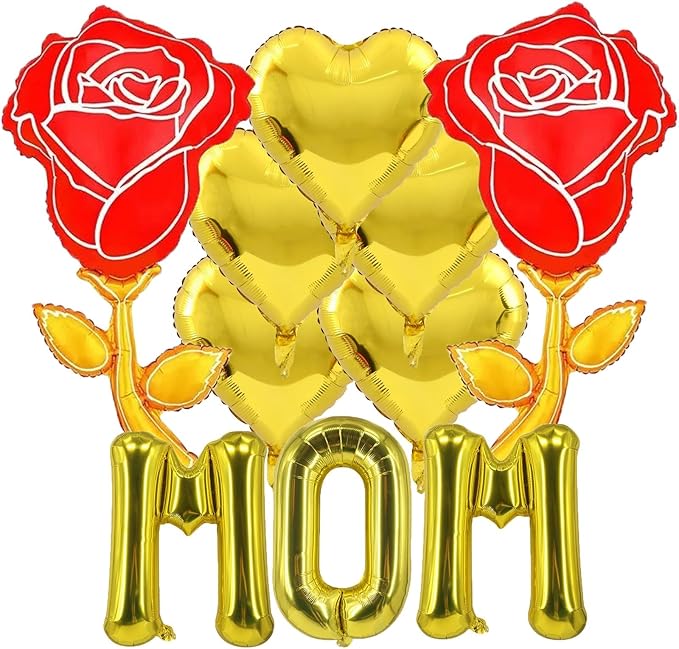 Gold Mom Balloons Gold Rose Heart Balloons Mother's Day Balloon for Mother's Day Party Decorations Theme Supplies Mom Party Balloon Set-10 PCS