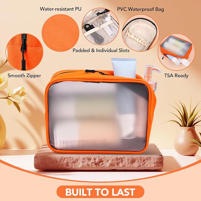 Travel Toiletry Bag Set for Women, Compact Size 5-Piece Hanging Organizer Kit with TSA Approved Cosmetic Bag, Jewelry Case & Cable Pouch, Waterproof Makeup Bag for Travel Essentials - Orange