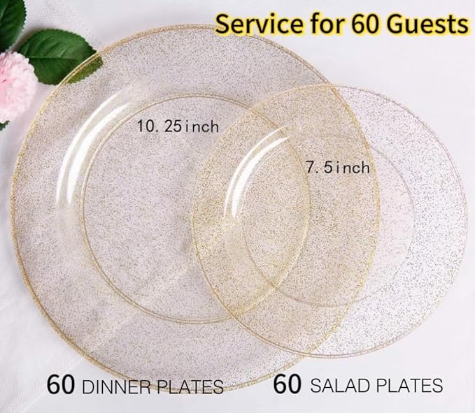 WDF 120PCS Gold Plastic Plates- Disposable Gold Glitter Plates, Premium Heavy Duty 60-10.25" Dinner Plate and 60-7.5" Salad Plate for Wedding Baby Shower Spring Birthday