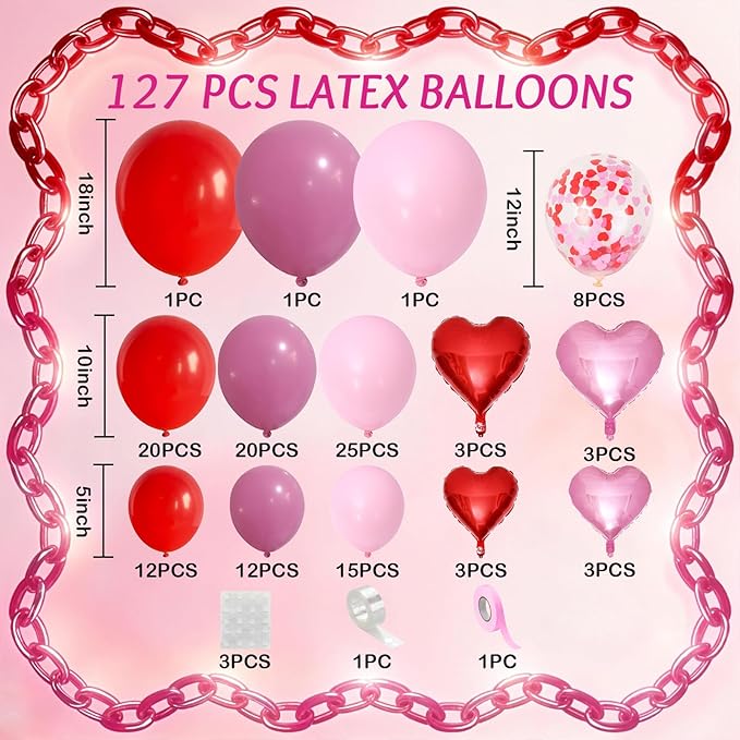 Valentine's Day Balloons Garland Arch Kit, 127Pcs Pink Red Rose Red Balloon with Red Pink Heart Foil Balloon for Valentine's Day Galentines Mother's Day Wedding Engagement Anniversary Party Decoration