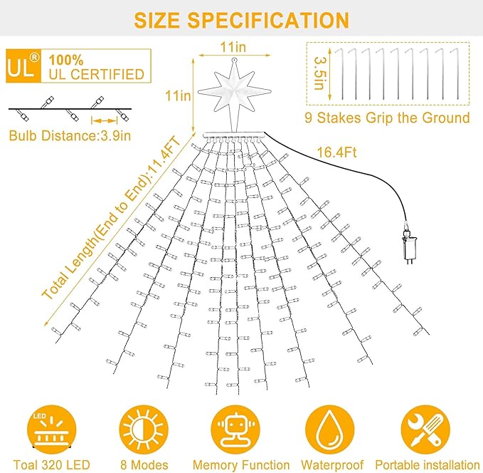 PUHONG Color Changing Christmas Lights, Outdoor Dipper Star String Lights,16.4Ft 320 LED Christmas Decoration [11 Modes & Waterproof] for Halloween Christmas New Year Holiday(Warm White & Multicolor)