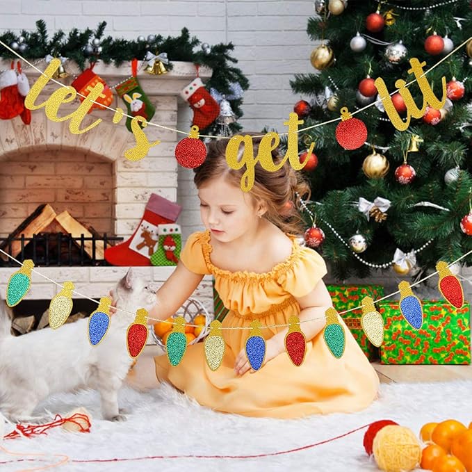 Gold Lets Get Lit Banner Funny Christmas Party Banner, Let's Get Lit Garland Christmas Holiday Banner for Funny Xmas Holiday Party Decorations