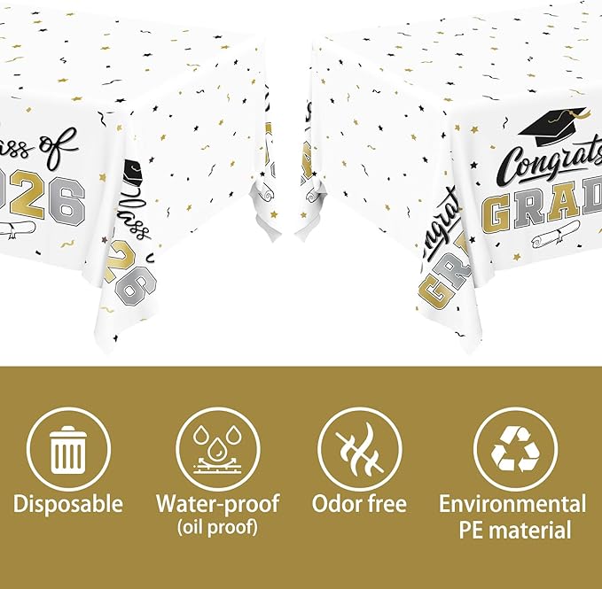 Gatherfun 2026 Graduation Decorations : 2-Pack Congrats Grad Disposable Tablecovers - Class of 2026 White Themed Table Cloths, for Graduation Party Supplies & Graduation Backdrop, 54" X 108"