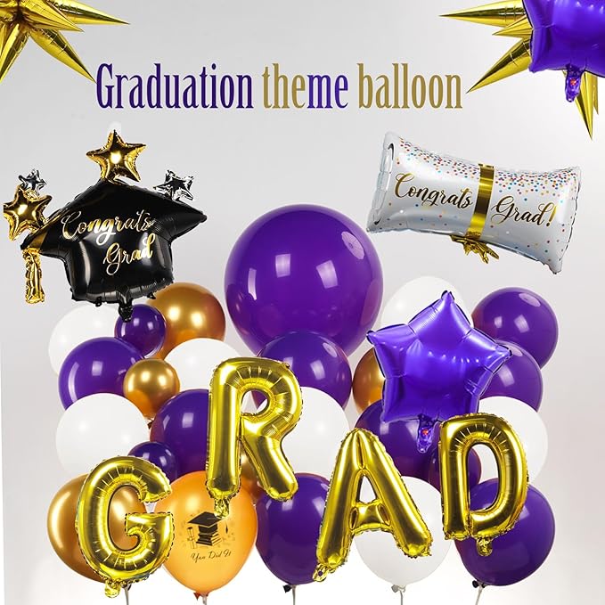 Purple Graduation Balloon Garland Arch Kit 115PCS with Graduation Star print Certificate Letter Mylar Foil Balloons for Graduate Class of 2026 Grad Prom party Decorations Supplies (Purple Gold White)