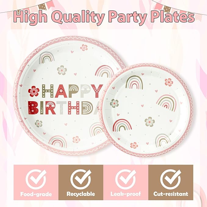 Pink Boho Rainbow Happy Birthday Bohemian Flower Heart Party Plates Supplies - Serves 24-96Pcs Party Tableware Decorations Disposable Paper Plates Napkins Forks for Birthday Baby Shower
