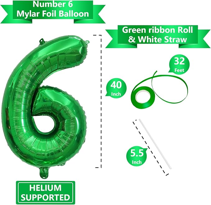 Number Balloons Green Party Balloon - Giant Number 6 Balloon, 40 Inch Large Balloon for St. Patrick's Day Games Theme Birthday Decoration, Girls Boys Party Supplies
