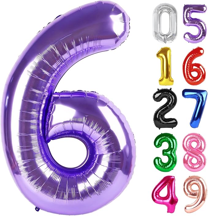 Purple Number 6 Balloon 40 Inch, 6th Birthday Party Decorations for Children, Giant 6 Foil Balloon for Party Supplies