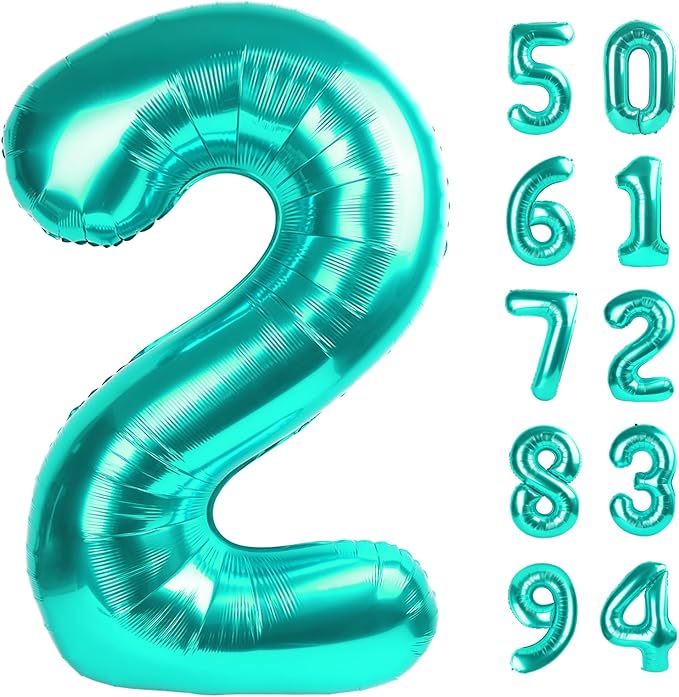 Teal Blue 2 Balloon, Number Balloons 40 Inch, 2nd Balloon Number Birthday Decorations, Second Two Birthday Party Supplies, Number 2 Balloon