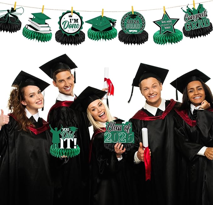 Yisong 9 Pieces 2026 Graduation Party Table Decorations Class of 2026 Congrats Graduation Centerpieces for Tables Congratulate Honeycomb Centerpiece Topper for Grad Party Supplies(Green)
