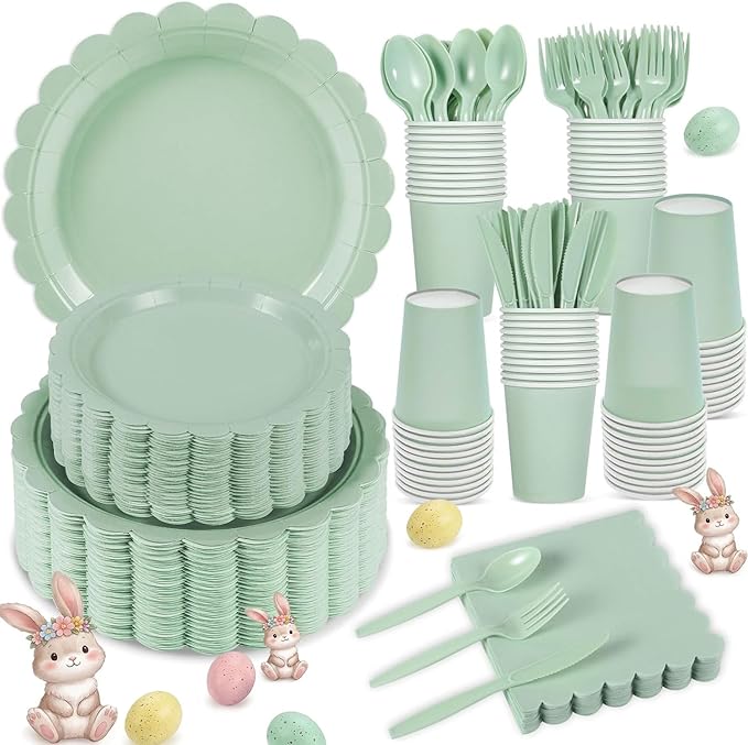 350 Pcs Sage Green Paper Plates and Napkins, Sage Green Party Supplies Include Green Scalloped Plate Paper Napkin Cup Plastic Cutlery for Baby Shower, Wedding, Birthday
