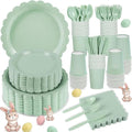 350 Pcs Sage Green Paper Plates and Napkins, Sage Green Party Supplies Include Green Scalloped Plate Paper Napkin Cup Plastic Cutlery for Baby Shower, Wedding, Birthday