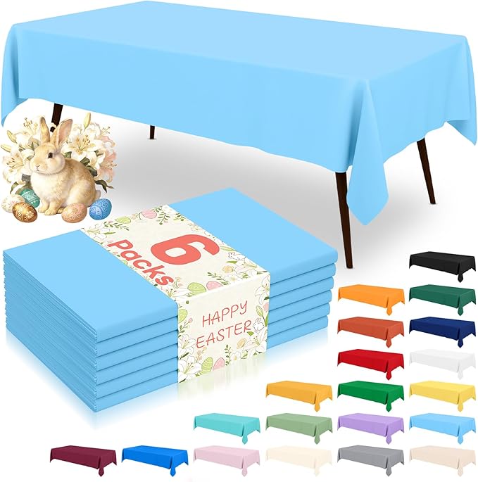 misaya 6 Packs Disposable Plastic Table Cloth, 54 x 108 Inch Waterproof Rectangle Tablecloth, Leakproof & Sturdy Decorative Table Covers for Easter, Picnic, Party and Outdoor, Light Blue