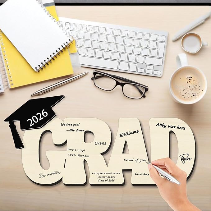 Graduation Decorations Class of 2026 Grad Sign Wood Board Party Nameplate Guest Book for High School College Bachelor Graduation Gifts (GRAD)