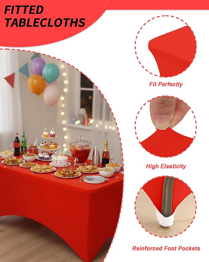 Fixwal 3 Pack Red Table Cloths Rectangle 8FT, Tablecloths Rectangular Stretch Spandex Fitted Table Covers 8ft for Parties, Trade Shows, Banquet, Weddings, Buffet, Graduation