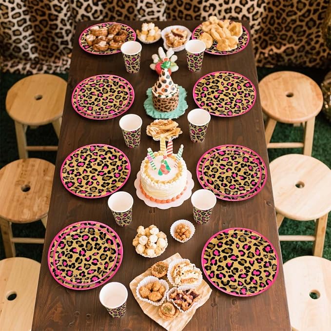 Cheetah Print Birthday Decorations, Pink Cheetah Birthday Decorations Includes Plates, Napkins, Cups, Tablecloth, Tableware for Leopard Party Serves 20 Guests