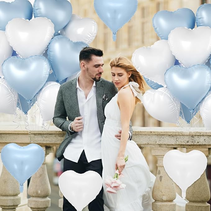 Baby Blue Heart Balloons, 10 Pcs Pastel Light Blue and White Heart Shaped Balloon, 18 Inch Cream Sand White Foil Balloons for Boys Men Brithday Bridal Baby Shower Wedding Valentines Party Decoration