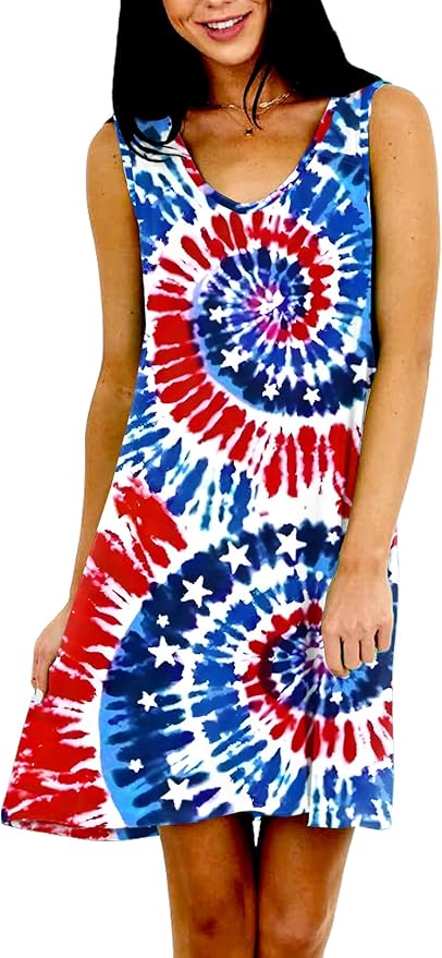 Deerose Women 4th of July Sleeeveless Dress Patriotic V Neck Tank Dresses with Pockets